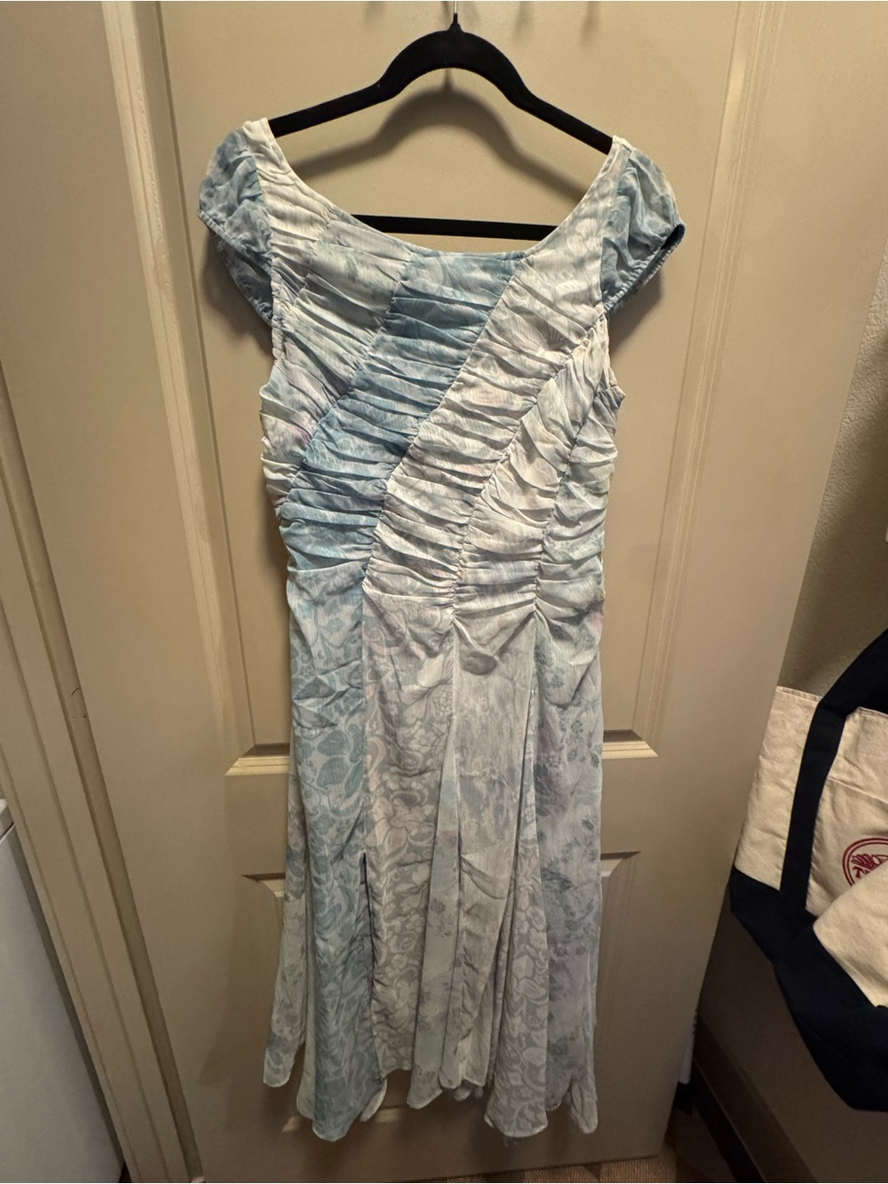 Free People Pale Blue Ruched Cap-Sleeve Maxi Dress